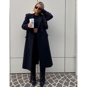 ZARA Double Faced Black Wool Blend Long Oversized Coat Size Large